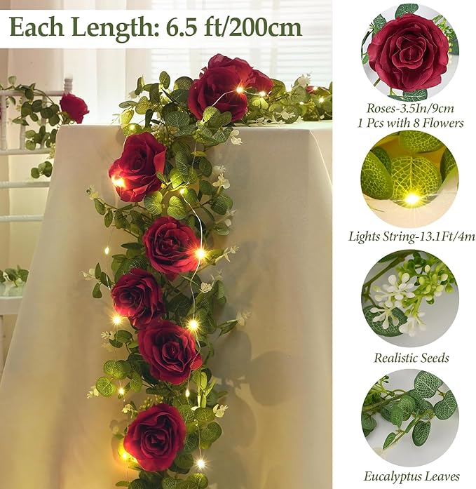 Dolicer 2Pcs 13Ft Artificial Eucalyptus Garlands with Flowers - 8 Roses, Faux Floral Greenery Garlands with 13Ft String Lights Fake Flowers Vines for Wedding Table Centerpieces Arch Party Decor (Red)