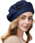 Flower Embroidery Beret Hat for Women, French Style Knitted Beret Hats, Stylish Solid Color Beret Cap for Women Girls Lady
