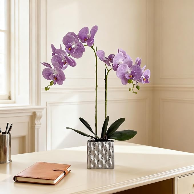 LISU Artificial Orchids, Silver Vases, Home Decoration Flower Arrangements,Purple Orchids Fake Flowers in Vases.