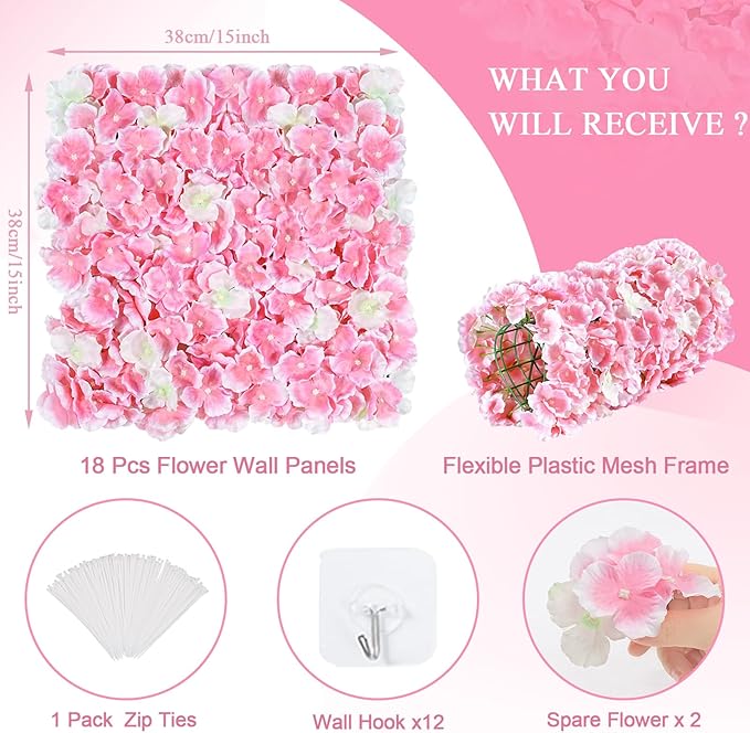 Pink Floral Wall Backdrop: 3D Silk Flower Panel 3.75ft x 7.5ft Artificial Hydrangea for Wedding Party Birthday Decoration (18 Pcs 15 x 15 Inch)