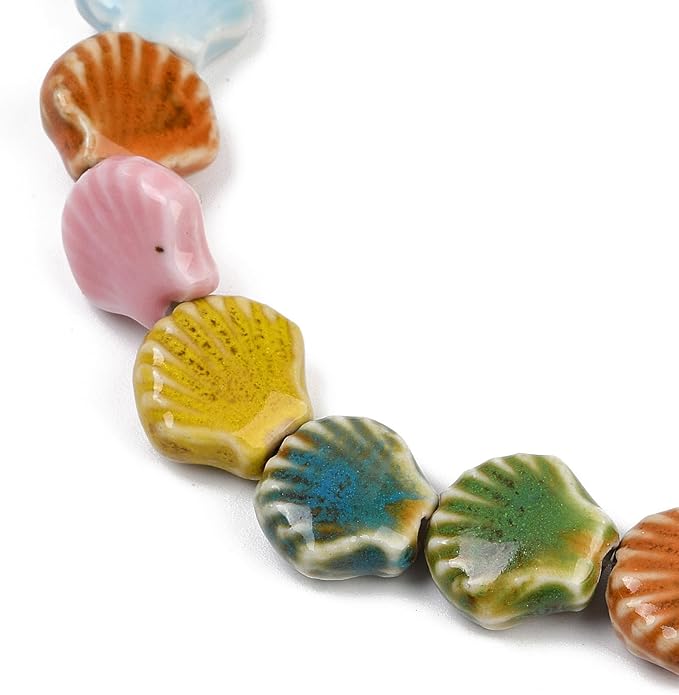 Beadthoven 25pcs Shell Handmade Porcelain Beads Small Seashell Ceramic Beads Colorful Printed Ocean Sea Shells Charm Craft Spacers for Bracelets Necklace Keychain DIY Jewelry Making 13mm Mixed Colors