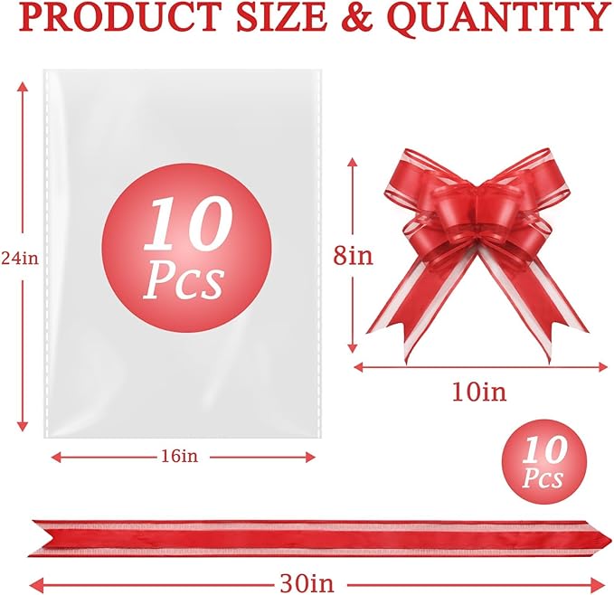 PigPotParty 16"x24" Clear Cellophane Gift Bags - Includes Bows – 10 Pack Cellophane Wrap for Gift Baskets, Plastic Gifts Bags for Gift Giving