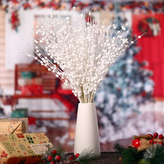 Geosar 30 Pcs Christmas Artificial Glitter Berry Stem Decorations 17 Inch Faux Stick Floral Pick Centerpiece Bouquet Flower Bead Twigs for Centerpiece Tree Wreath Xmas Ornaments Home(White)