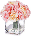 Enova Floral 18 Pieces Artificial Silk Roses Fake Flower Arrangement in Cube Glass Vase with Faux Water for Home Office Wedding Decoration (Pink)
