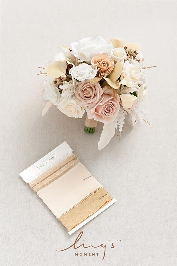 Ling's moment Boho Bridal Bouquet for Bride, Rustic Wedding Bouquets for Bride, 13 Inch Beige Nude Silk Round Artificial Wedding Flowers Bouquets