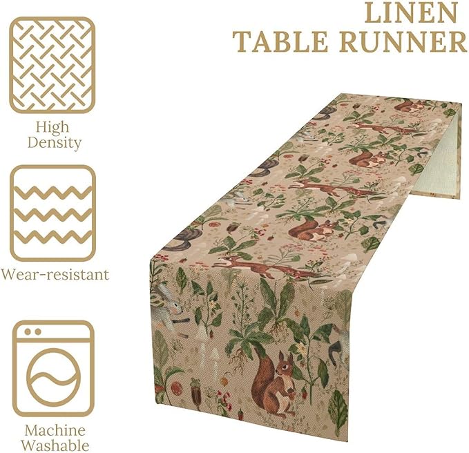 Rustic Woodland Table Runner, Retro Cabin Lodge Fairy Tale Forest Wild Animals Hare Squirrel Print Table Runner for Kitchen Dining Home Decor Wreath Party Decoration, 13x108inch