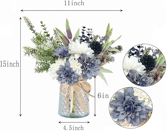 Wracra Artificial Flowers in Vase, Silk Fake Flowers in Vase, Faux Flowers Table Centerpieces for Dining Room, Bathroom Farmhouse Kitchen Coffee Table Decor (White Blue Dahlia)