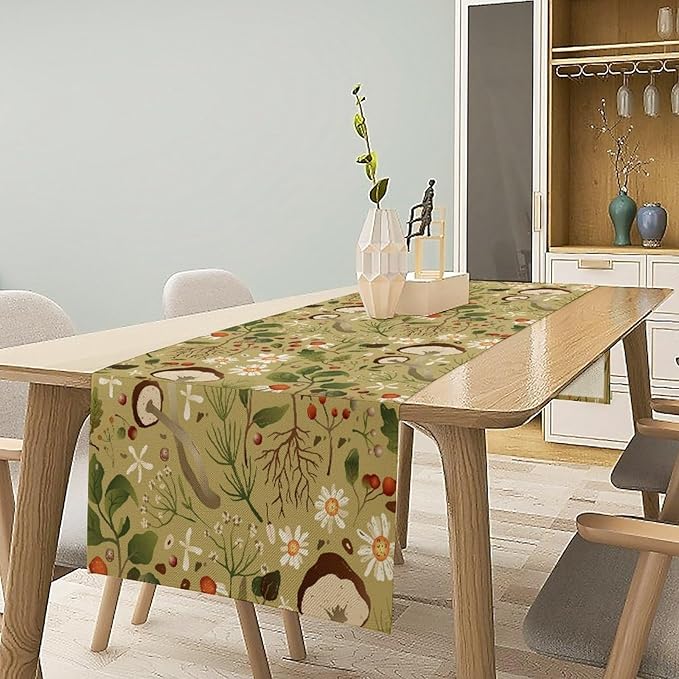 Vintage Mushroom Table Runner Rustic Garden Wildflower Botanical Plants Herbs Spring Summer Seasonal Dinner Runner for Kitchen Dining Cabin Home Holiday Party 13x120in