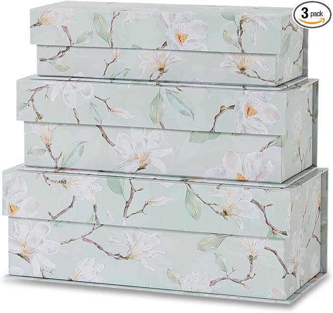Soul & Lane Decorative Storage Boxes with Lids, Set of 3 Cardboard Boxes for Home Décor and Documents, Memory Organizers for Keepsakes with Magnetic Closure, Photo Storage, Ethereal Blossom
