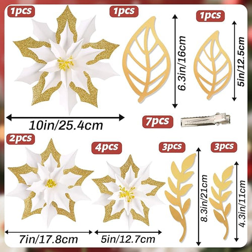 15PCS Poinsettia Flowers Artificial Christmas Decorations White Gold Poinsettia Large Flowers for Wall Christmas Tree Ornaments Glitter Poinsettias Flower Wreath Garland Window Door Xmas Tree Decor
