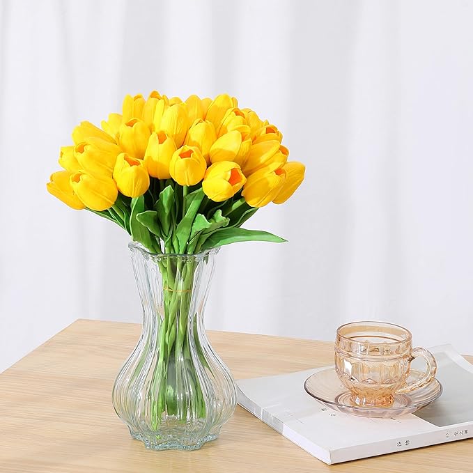 SITUMEIZI 15pcs Yellow Tulips Fake Artificial Flowers Real Touch 14" Silk Flower for Home Kitchen Decor Spring Easter Wedding Bouquet Decorations Office Floral Arrangements