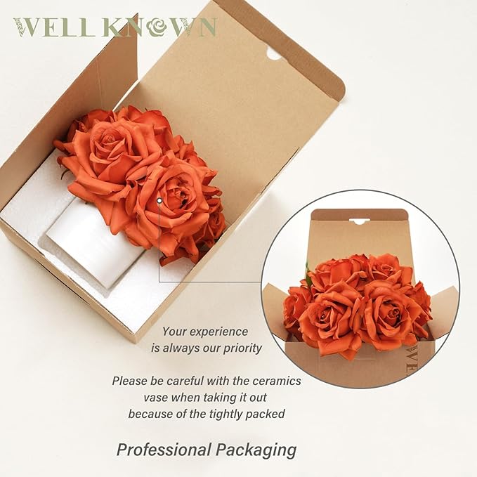 WELL KNOWN Artificial Flowers in Vase, Silk Rose Arrangement Mini Potted Realistic Fake Flowers with Ceramic Vase for Wedding Vanity Centerpiece Coffee Table Bathroom Anniversary Decor (Burnt Orange)