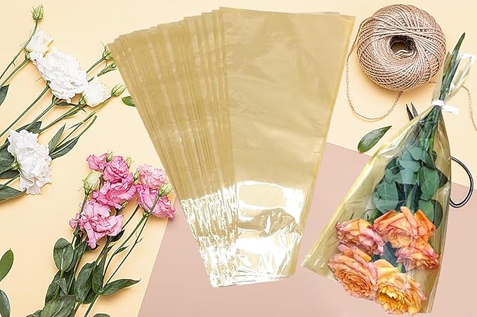 MYGOGOART 50 Pcs Flower Bouquet Wrapping Paper Flower Bags Sleeves for Bouquets Kraft Paper Floral Wrap Bags Flower Bouquet Supplies(9.4 x 17.7 x 3.5 inches)