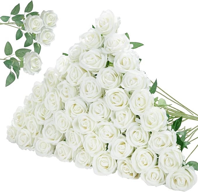 InnoGear 50 Pcs White Roses Artificial Flowers, Fake Velvet Silk Rose Bulk Faux Flower for Decoration DIY Wedding Centerpieces Proposal Bridal Bouquets Shower Party Home Floral Decor (50, White)