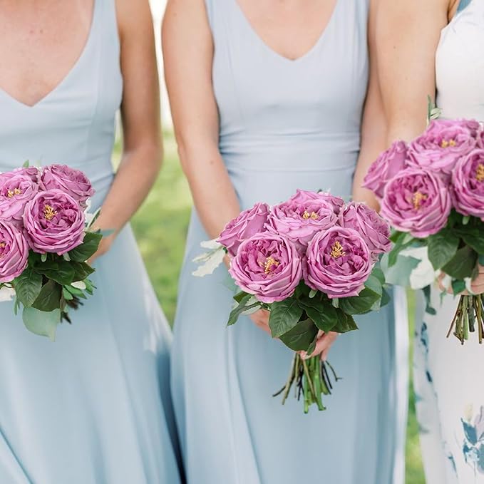 IPOPU 5PCS Purple Roses Artificial Flowers Real Touch Latex Artificial Roses Fake Peony Stems for Wedding Bouquet Party Home Decor (Purple)