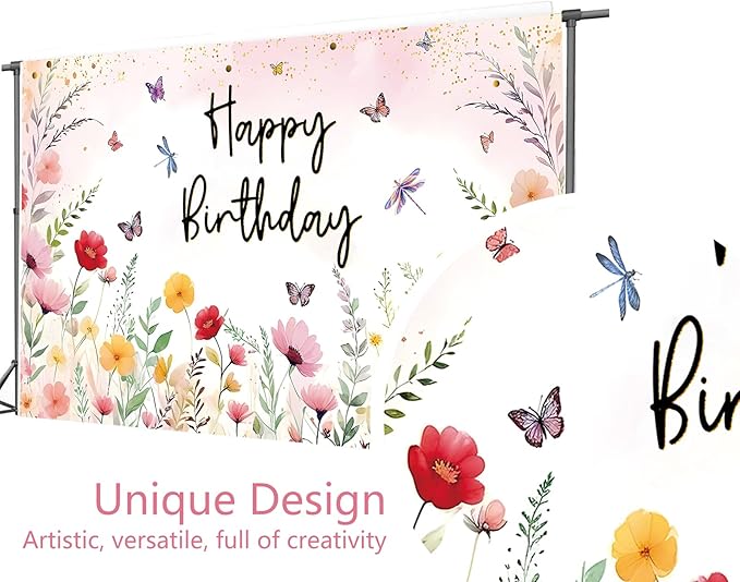 7x5ft Pink Floral Decoration Backdrop for Women Girl Birthday Party Spring Flower Bush Garden Theme Background Happy Birthday Photography Supplies Greenery Wildflower Banner