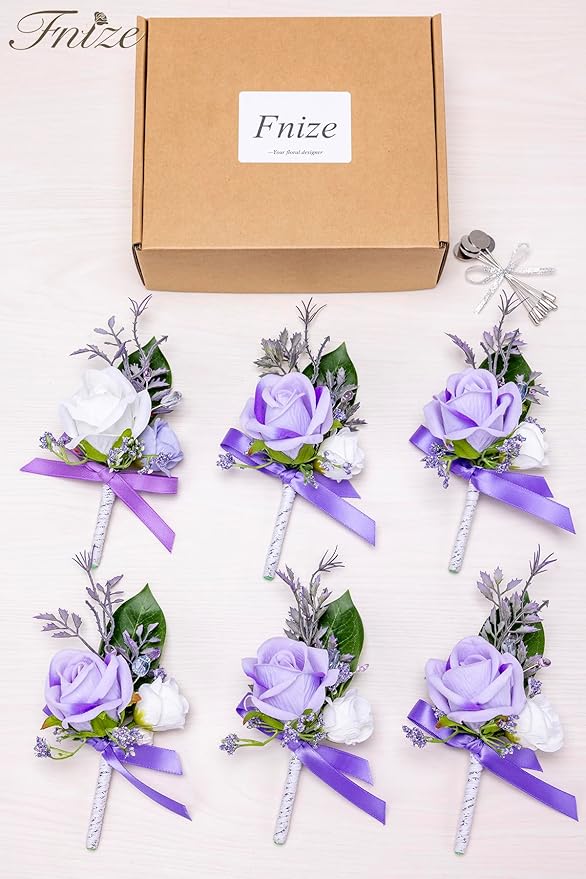 Fnize Purple Boutonniere for Men, 6 Pcs Groom Groomsmen Boutonnieres, Artificial Flowers for Wedding Prom Homecoming