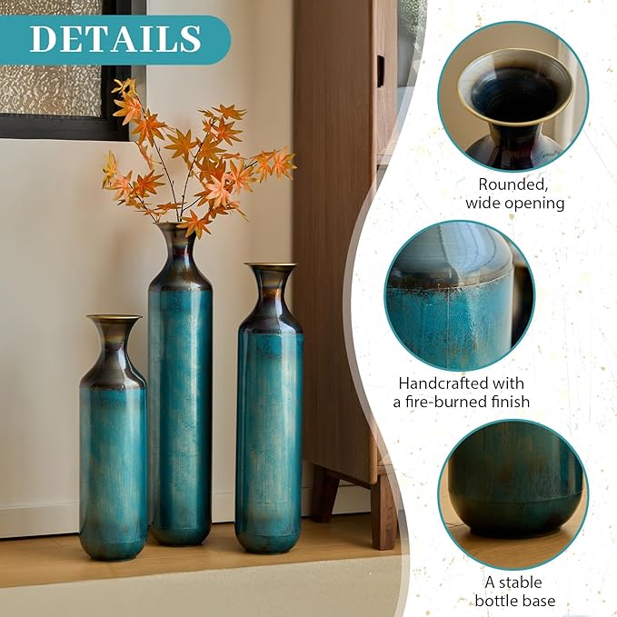 Floor Oversized Gold Metal Decorative Vase with 3D Triangle Pattern Set of 3 Large Vases for Home Living Room 33.5 ", 29.5 ", 25.2" High (Aqua Blue)