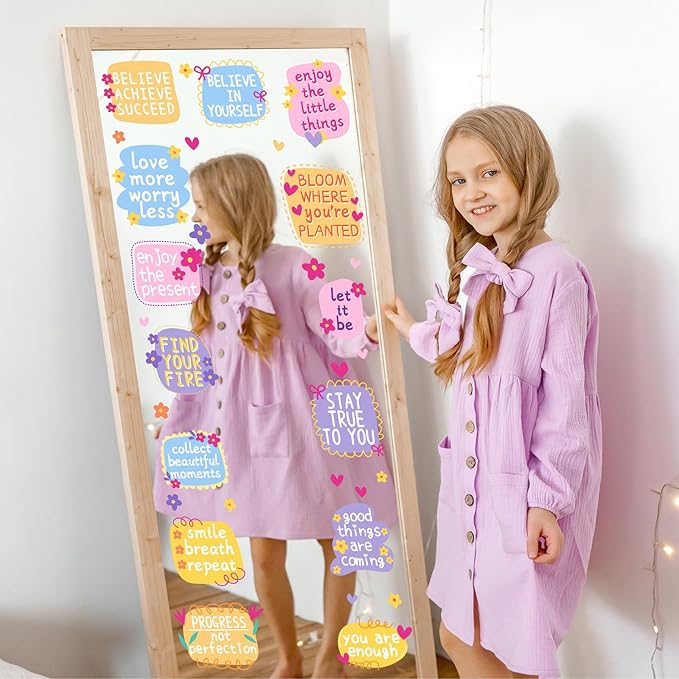 Positive Affirmation Mirror Stickers Kids Bathroom Mirror Decals Peel and Stick Colorful Kids Window Decal Inspirational Quote Crafts Decals Motivational Vinyl Sticker for Nursery Bedroom Classroom