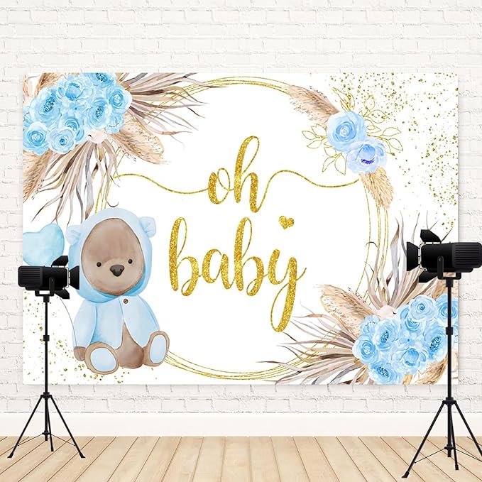 15x10ft Baby Shower Backdrop Oh Baby Photography Background Bear Blue Flowers Boho Leaves Heart Balloon Gold Dots Kid Birthday Party Banner Decorations Newborn Gender Reveal Photo Booth Prop