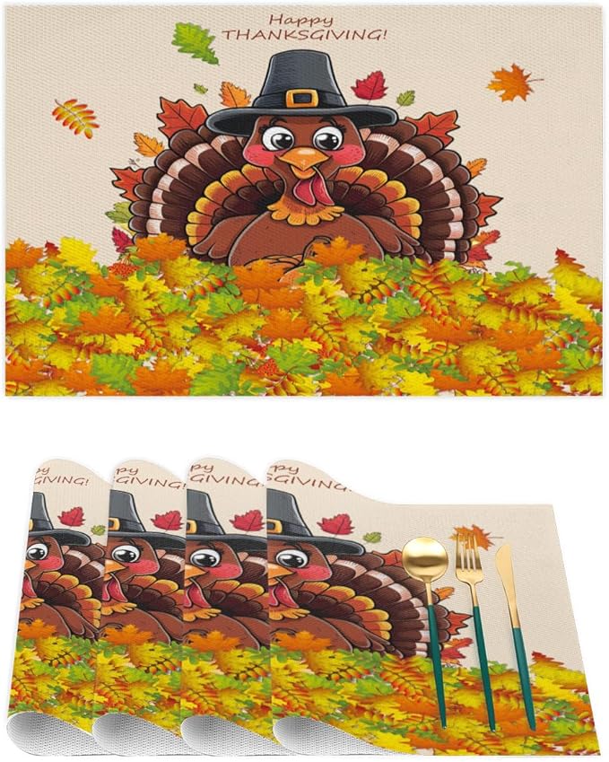Thanksgiving Leaf Turkey Placemats Set of 4 PVC Vinyl Non Slip Table Mats Heat Resistant Place Mats Washable Wipeable Dining Table Mat for Kitchen Decor Party Indoor Outdoor Decorative Gift