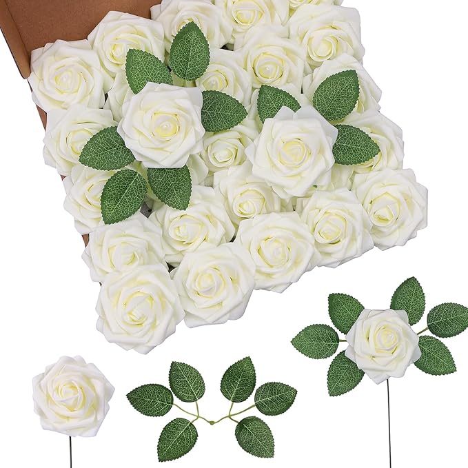 DuHouse 50Pcs Artificial Roses Flowers Fake Roses with Stems Real Touch Foam Flowers for DIY Wedding Bouquet Baby Shower Centerpiece Floral Arrangement Party Home Decor(Cream)
