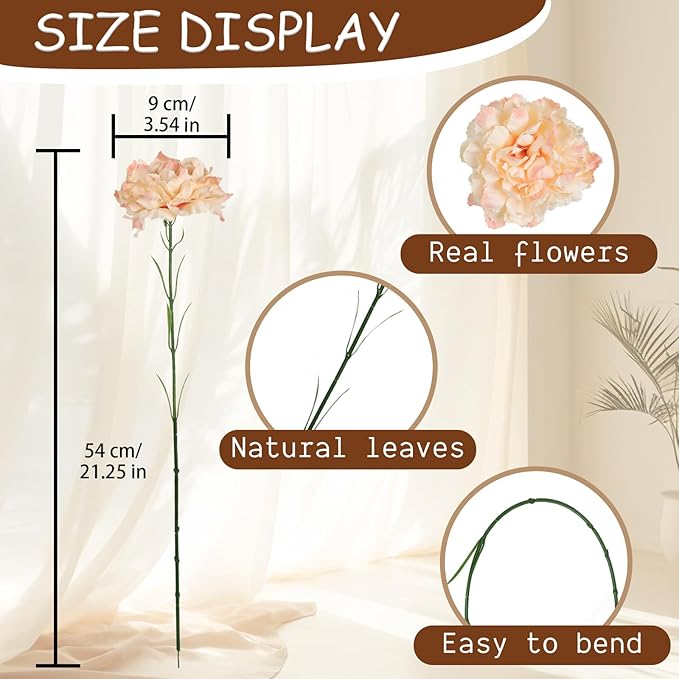 Champagne Carnations Artificial Flowers 15PCS 21.25in Carnations Silk Flowers for Wedding Home Table Centerpieces Floral Arrangements Decor(Champagne)