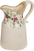 Sungmor Embossed Ceramic Pitcher Vase, Decorative Beige Farmhouse Ceramic Pitcher for Flowers, Vintage Textured Vase for Table, Kitchen & Home Decor, 9.2 Inch with Ice Crackle Glaze Finish