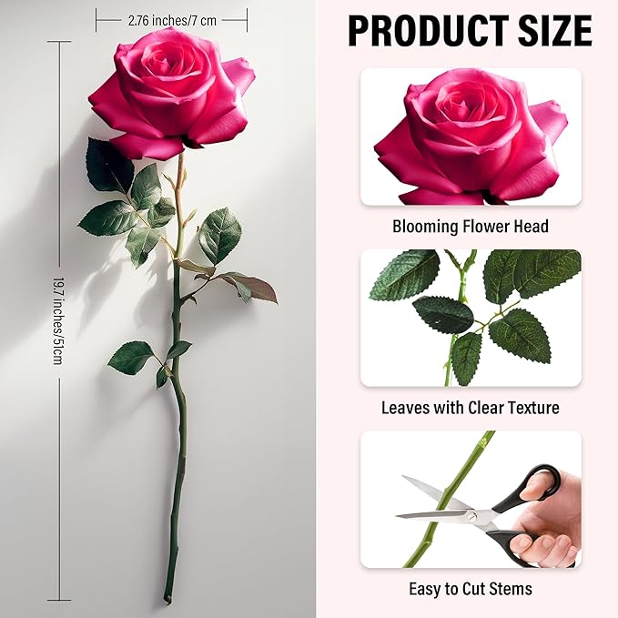 20PCS Artificial Roses with Long Stems - Realistic Silk Flowers, Fake Roses Real Touch Bouquet Roses for Home Decor, Bridal Wedding Table Centerpieces, Faux Rose Flowers (Hot Pink)