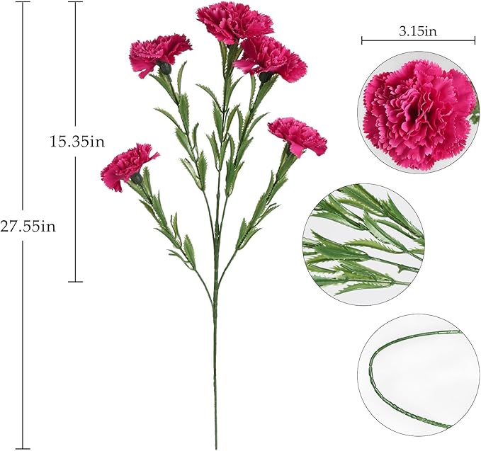 IPOPU 30 Heads Carnations Artificial Flowers 6PCS Silk Carnations 27.56in Artificial Flowers with Stems for Wedding Home Table Centerpieces Floral Arrangements(Hot Pink)
