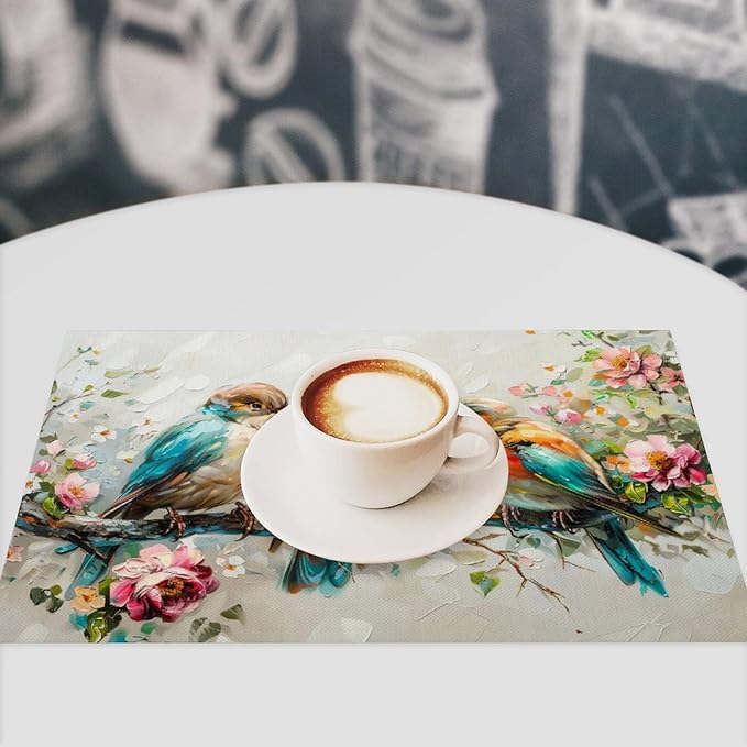 Botanical Birds Placemats Set of 4 Bird Pictures Farmhouse Rustic Flower Kitchen Mats Waterproof Washable Table Mats for Kitchen Dining Decoration 4 PCS
