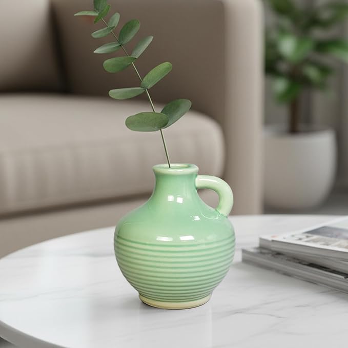Sunddo Green Ceramic Vase 6 Inch - Small Modern Decorative Vase with 1 Handle for Home Decor, Boho Decor, Room, Bathroom, Living Room, Kitchen, Office