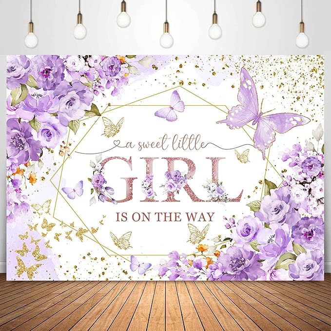 Sensfun Butterfly Baby Shower Backdrop A Sweet Little Girl is On The Way Photography Background Purple Butterfly Floral Princess Baby Shower Decorations Banner Party Supplies Photoshoot Props 7x5ft
