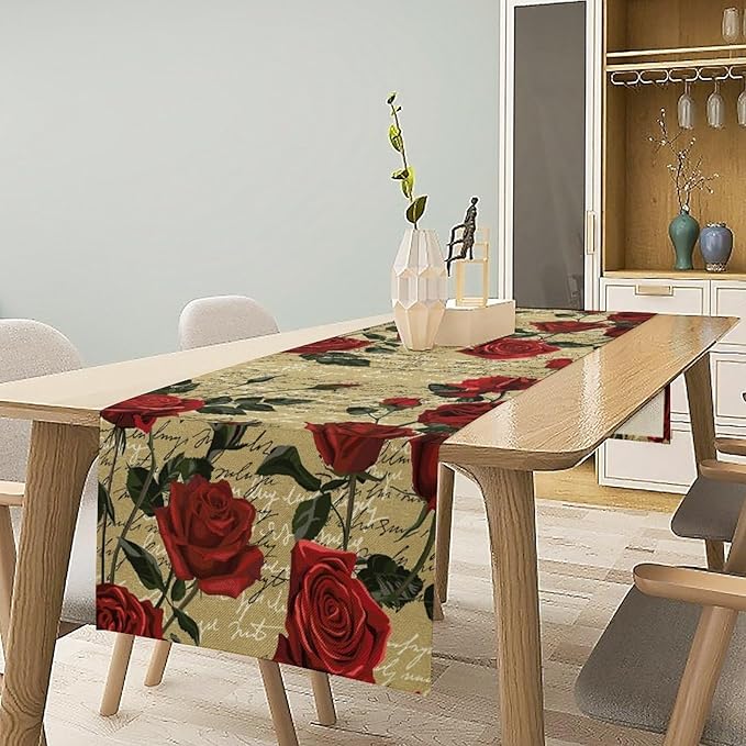 Red Rose Print Table Runner, Vintage Rose Spring Summer Seasonal Romantic Valentines Dinner Runner Table Decoration for Home Kitchen Dining Holiday Wedding Party 13x70in