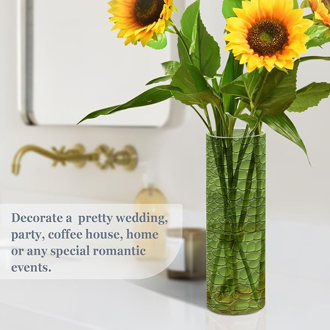 Flower Vase for Centerpieces, Green Crocodile Leather Texture Plastic Cylinder Vase, Clear Bud Vases for Home Wedding Office Table Decor