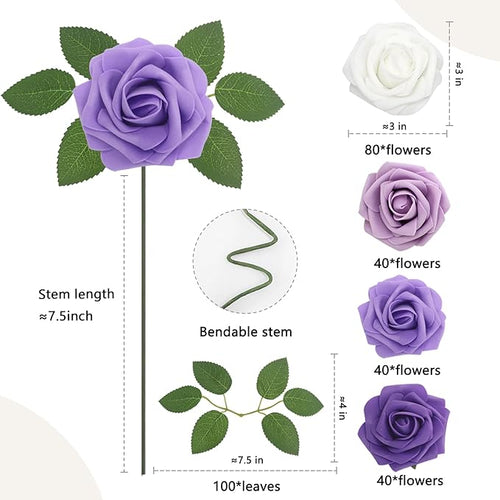 200PCS Artificial Flowers Purple Mixed Series Roses Real Looking Foam Fake Roses with Leaves and for DIY Wedding Bouquets Bridal Shower Centerpieces Party Decorations (Purple Series, 200)