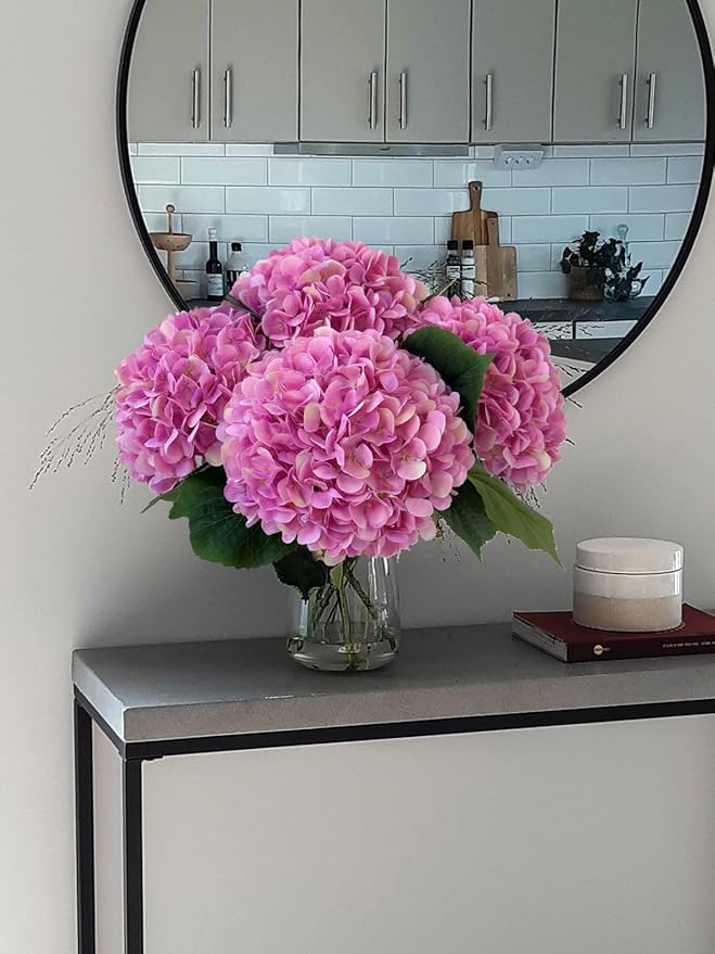 YalzoneMet 4Pcs Pink Purple Silk Hydrangea Artificial Flower Lifelike Big Blooms 20'' Long Stem Faux Hydrangea Flower Bouquets for Home Party Indoor Outdoor Wedding Table Centerpiece Decor