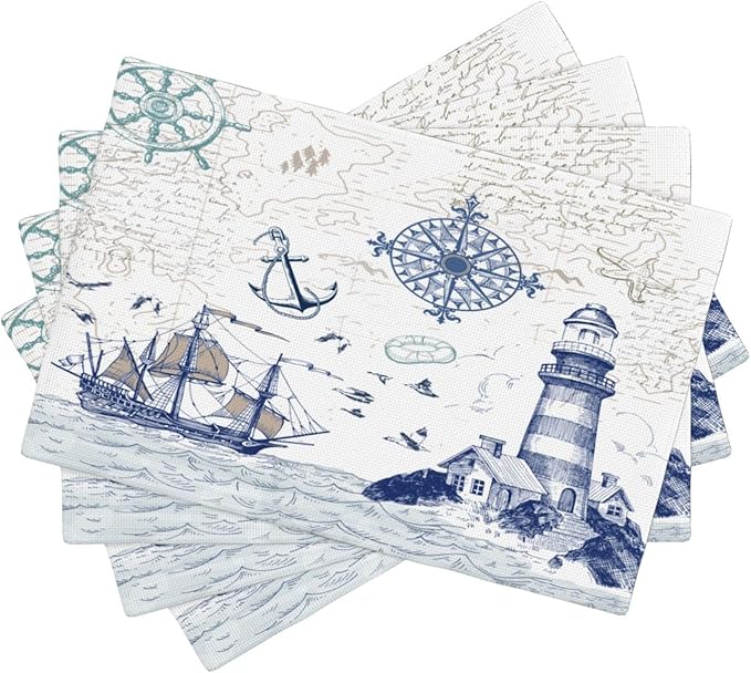 Nautical Placemats, Simple Hand Painted Blue Ocean Sailboat Map Lighthouse Compass Print Washable Fabric Placemats Table Kitchen Dining Party 12x18 Inch Set of 6