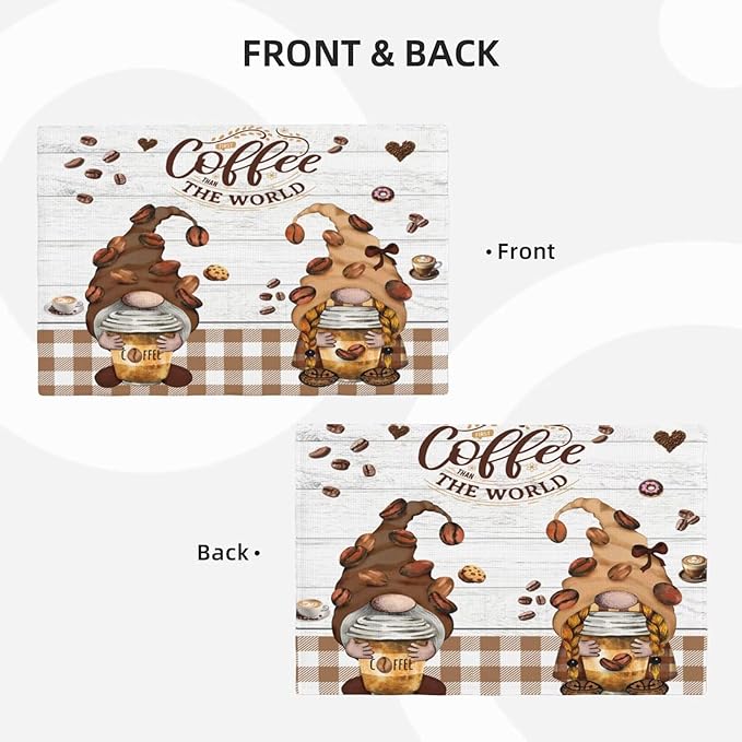 Coffee Gnomes Linen Placemats Set of 6 Brown Buffalo Plaid Placemat Indoor Outdoor Party Home Desktop Kitchen Dining Room Decoration 12x18 Inch