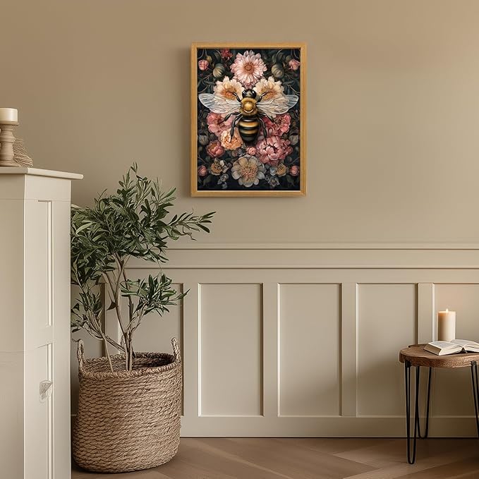 LLEEMPI William Morris Wall Art, Vintage Bee Floral Wall Decor, Insect Flower Canvas Painting, Abstract Nature Botanical Poster Print for Living Room Bedroom Kid Room Hallway Wood Framed 12x16 inch