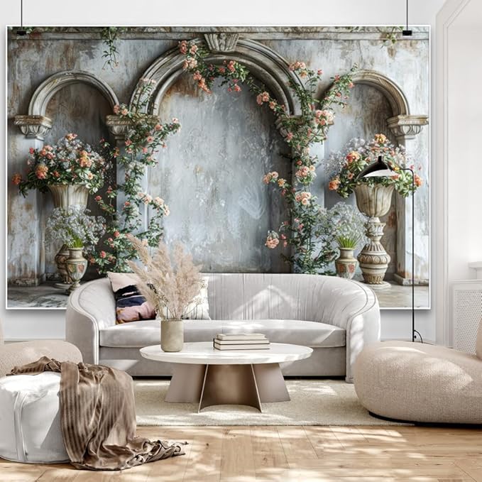 7x5ft Vintage Orange Wildflower Backdrop Old Medieval Palace Building Concrete Wall Photography Background for Wedding Valentines Day Bridal Shower Birthday Princess Couples Portraits