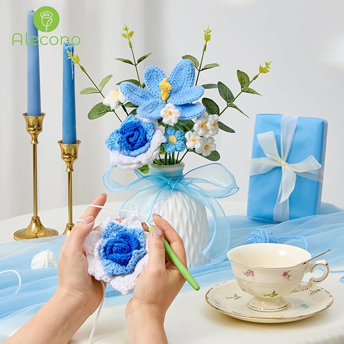 Alecono Crochet Flower Bouquet, Knitted Flowers, Blue Handmade Bouquet of Flowers for Lover Anniversary Birthday Party Mother's Day Graduation Gifts (Include Card)
