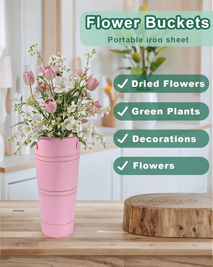 9 Inch Galvanized Metal Vases for Flowers - 6 Pcs Farmhouse Decorative Tall Flower Bucket with Handles, Rustic French Tin Planter Buckets for Wedding Decor (Pink)