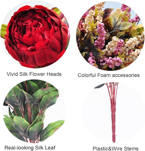 1pcs Artificial Peony Bouquet,19 Inch Silk Peony Bunch with 7 Faux Flowers,Classical Style Artificial Flowers with Leaves and Ornaments for Wedding,Home Décor Centerpieces(Red)