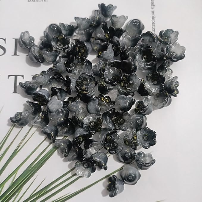 LadayPoa 100pcs Glass Bellflower Beads for Jewelry Making Trumpet Flower Beads Gradient Clear Cute Beads for Bracelets Making Aesthetic Bead Charms for DIY Necklace Decoration-Black Gold