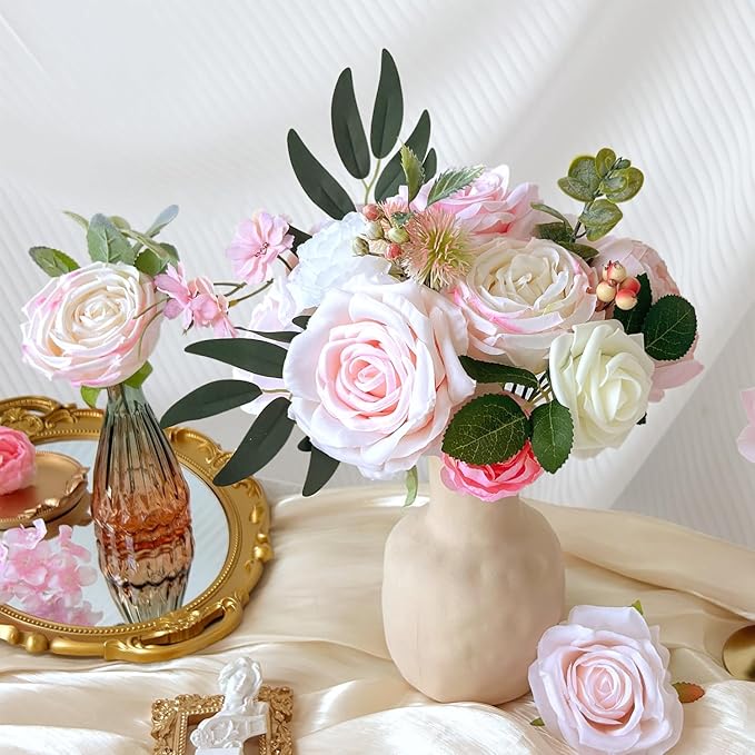 Blush Pink Artificial Flowers Combo Box Set Light Pastel Silk Roses with Stems DIY Bridal Wedding Bouquets Cake Fake Floral Arrangements Baby Shower Party Table Centerpieces Spring Home Decor Bulks