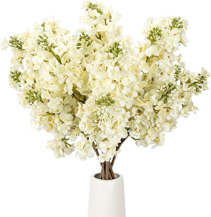 4PCS 25.6inch Lilac Artificial Flowers White Fake Delphinium Long Stem Silk Real Touch Flower Faux Lilac Floral Arrangement for Tall Vase Table Centerpieces Wedding Garden Home Decoration（White）
