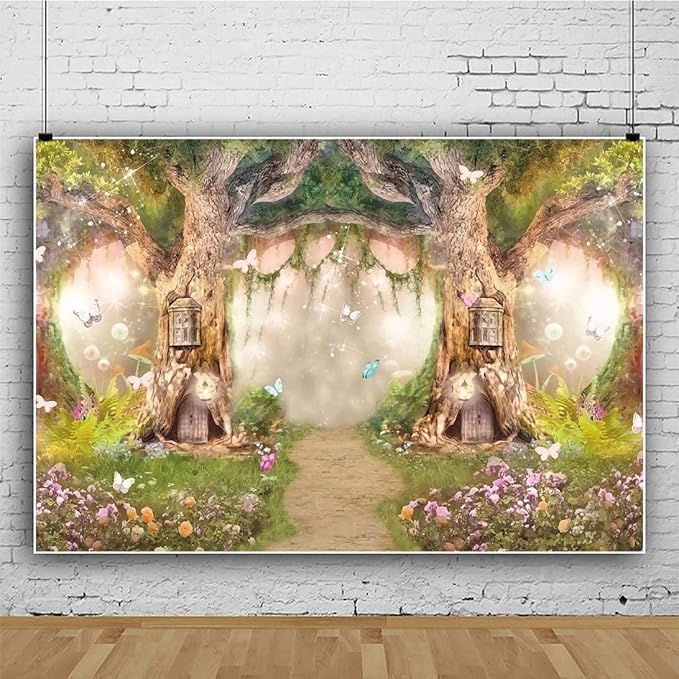 Leowefowa 10x6.5ft Enchanted Forest Birthday Backdrop Fairy Tale Forest Enchanted Garden Photography Background for Kids Birthday Baby Shower Party Photoshoot Newborn Children Cake Smash Studio Props