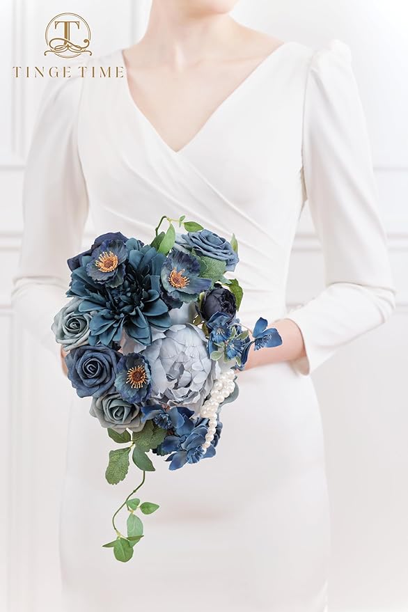 TINGE TIME Artificial Flowers Navy Blue Flower Combo for DIY Wedding Bouquets Table Centerpieces Arrangements Party Baby Shower Home Decorations