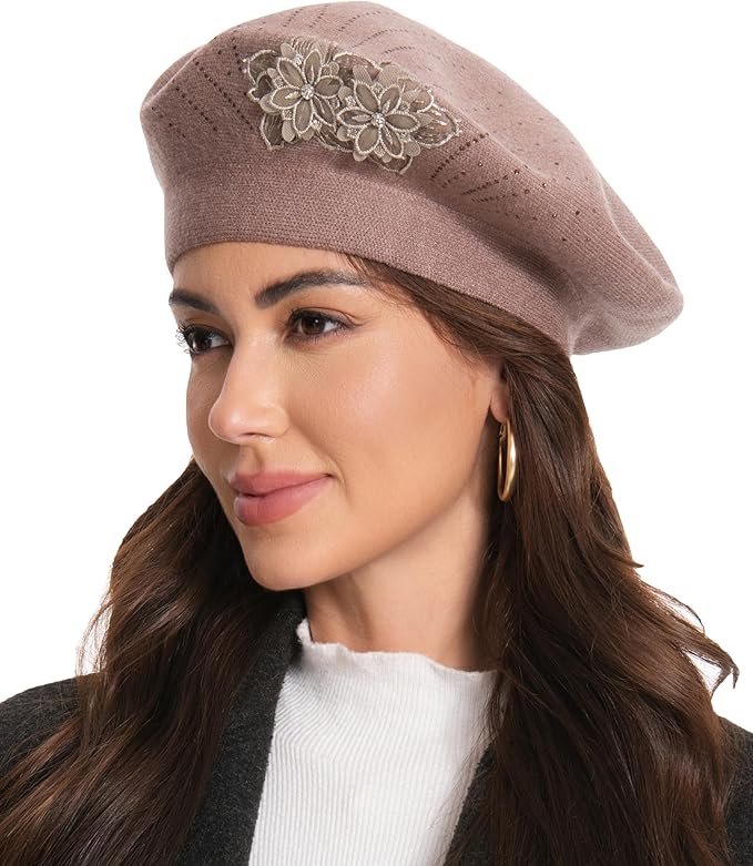 Flower Embroidery Beret Hat for Women, French Style Knitted Beret Hats, Stylish Solid Color Beret Cap for Women Girls Lady
